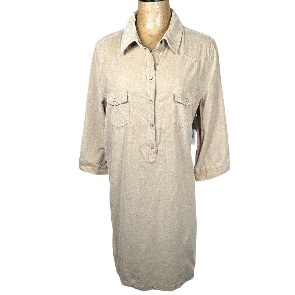 Old Navy XL Western Corduroy‎ Shirt Dress Tan Beige 3/4 Sleeve Cotton Pearl Snap
